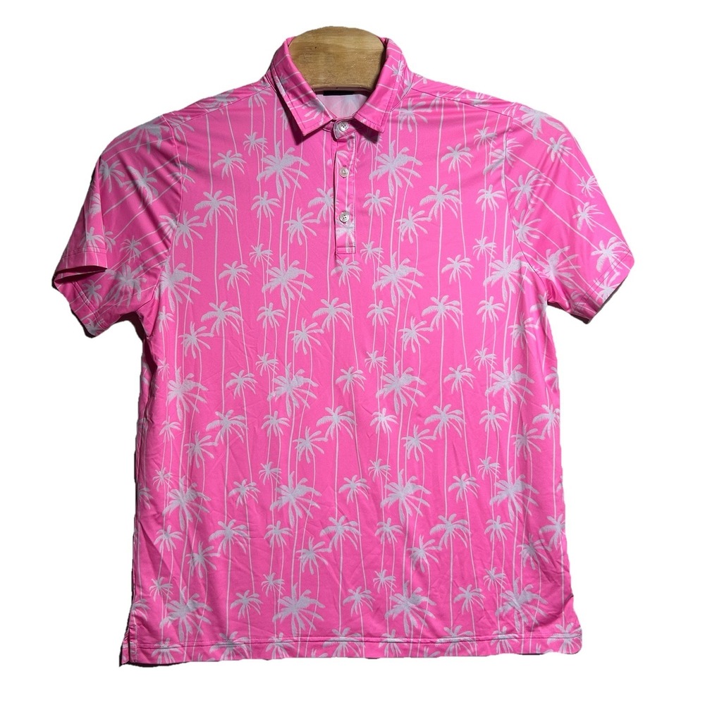 Sunday Swagger Polo‎ Shirt Men's Large Stylin Pink Golf Performance Palm Tree